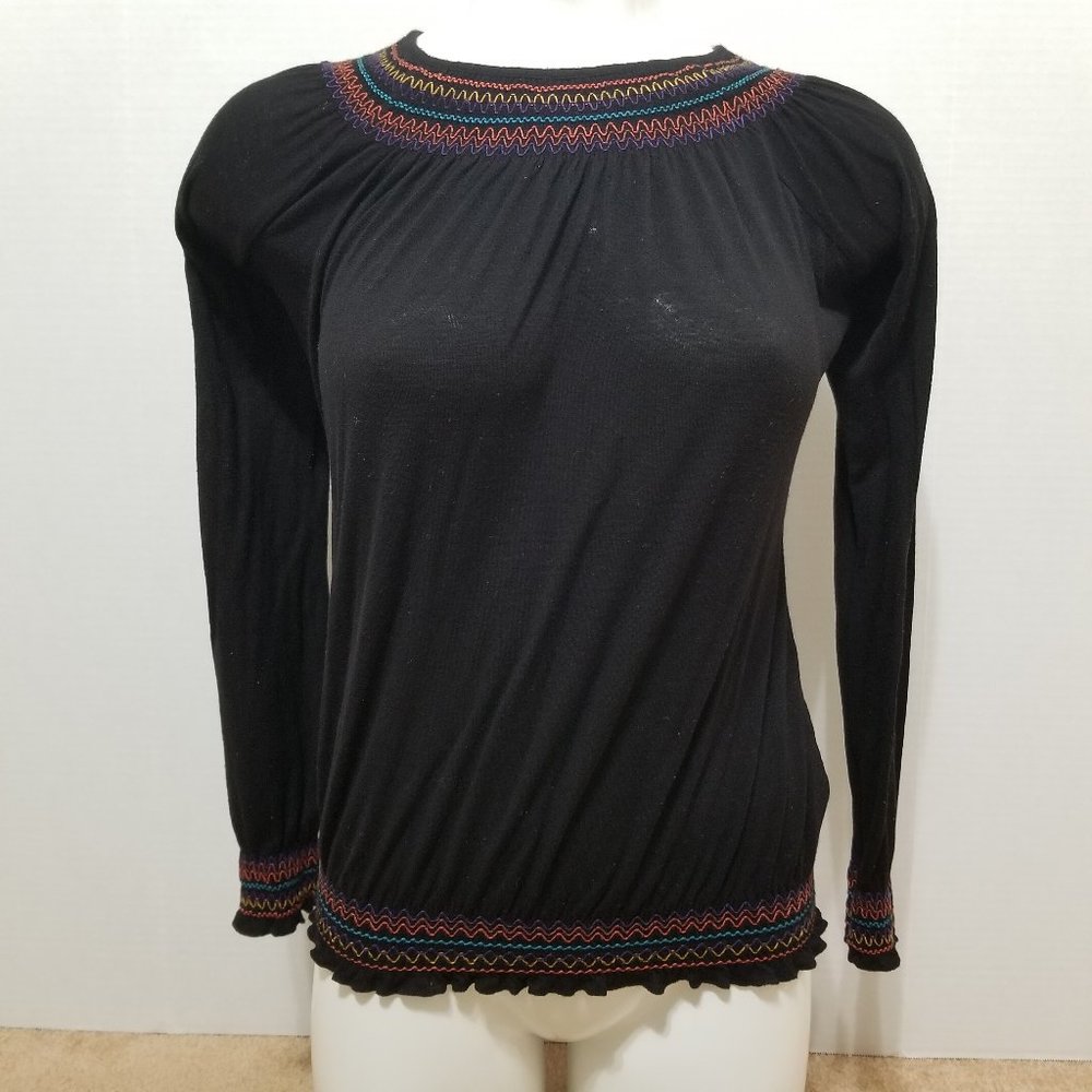 Miley Cyrus Max Azria top XS Smocked Jersey Blouson embroidered boho long sleeve